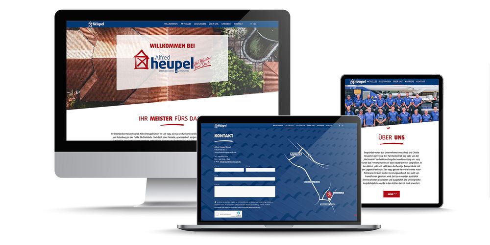 Website Dachdeckerei Alfred Heupel auf Monitor, Laptop und Handy